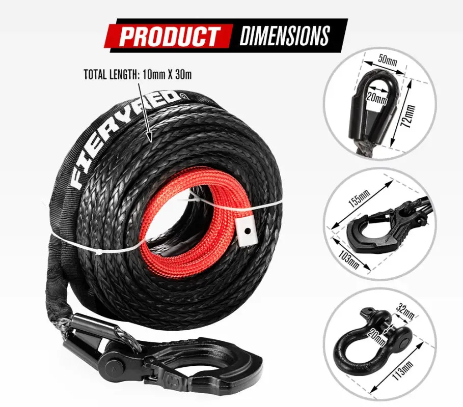 FieryRed Dyneema Synthetic Winch Rope with Hook | Black | 10mm x 30m