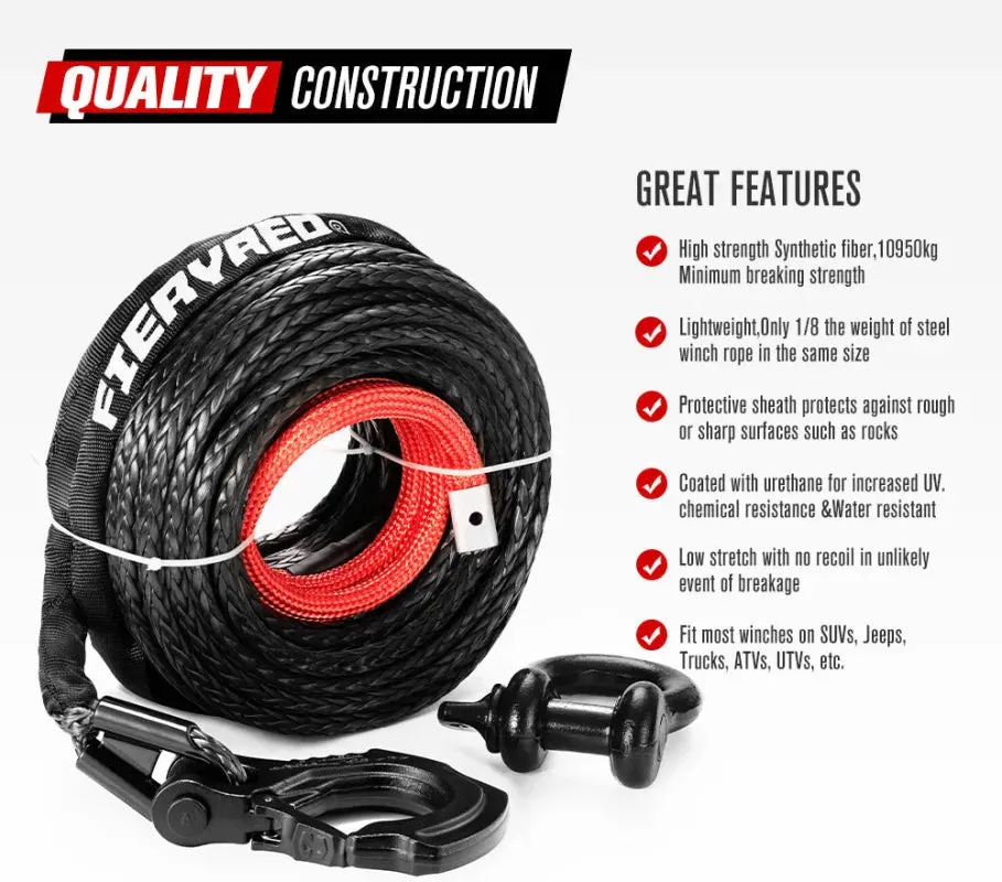FieryRed Dyneema Synthetic Winch Rope with Hook | Black | 10mm x 30m