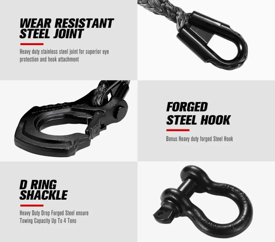 FieryRed Dyneema Synthetic Winch Rope with Hook | Black | 10mm x 30m