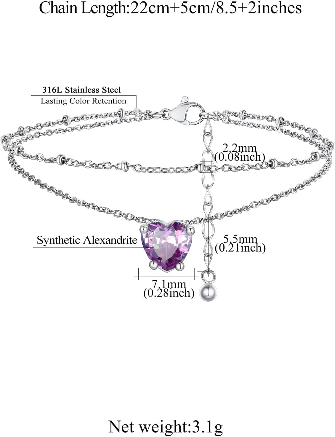 FindChic Bling Heart Birthstone Anklets Layered Beaded Ankle Bracelets for Women Gold/Black/Silver 12 Month Gem Colors Foot Chain Summer Jewelry for Girls, with Gift Box