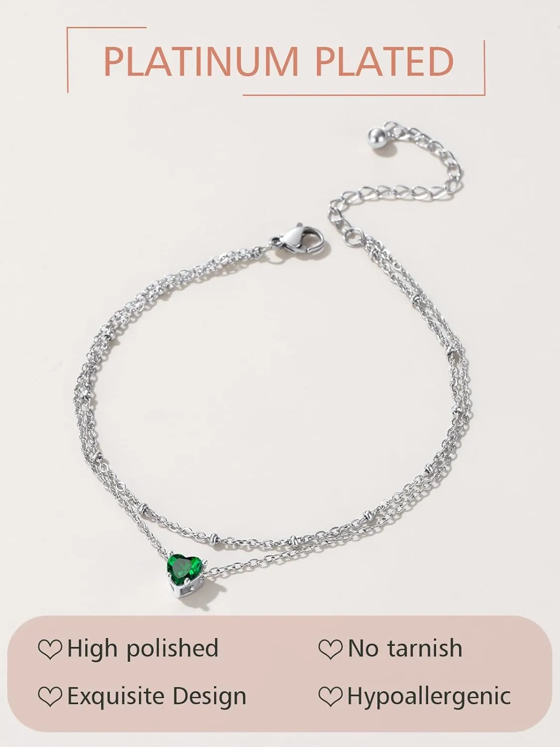 FindChic Bling Heart Birthstone Anklets Layered Beaded Ankle Bracelets for Women Gold/Black/Silver 12 Month Gem Colors Foot Chain Summer Jewelry for Girls, with Gift Box