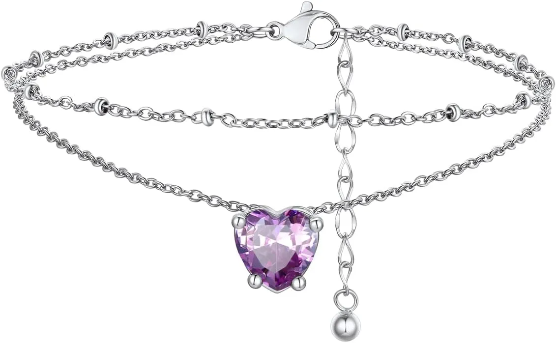 FindChic Bling Heart Birthstone Anklets Layered Beaded Ankle Bracelets for Women Gold/Black/Silver 12 Month Gem Colors Foot Chain Summer Jewelry for Girls, with Gift Box