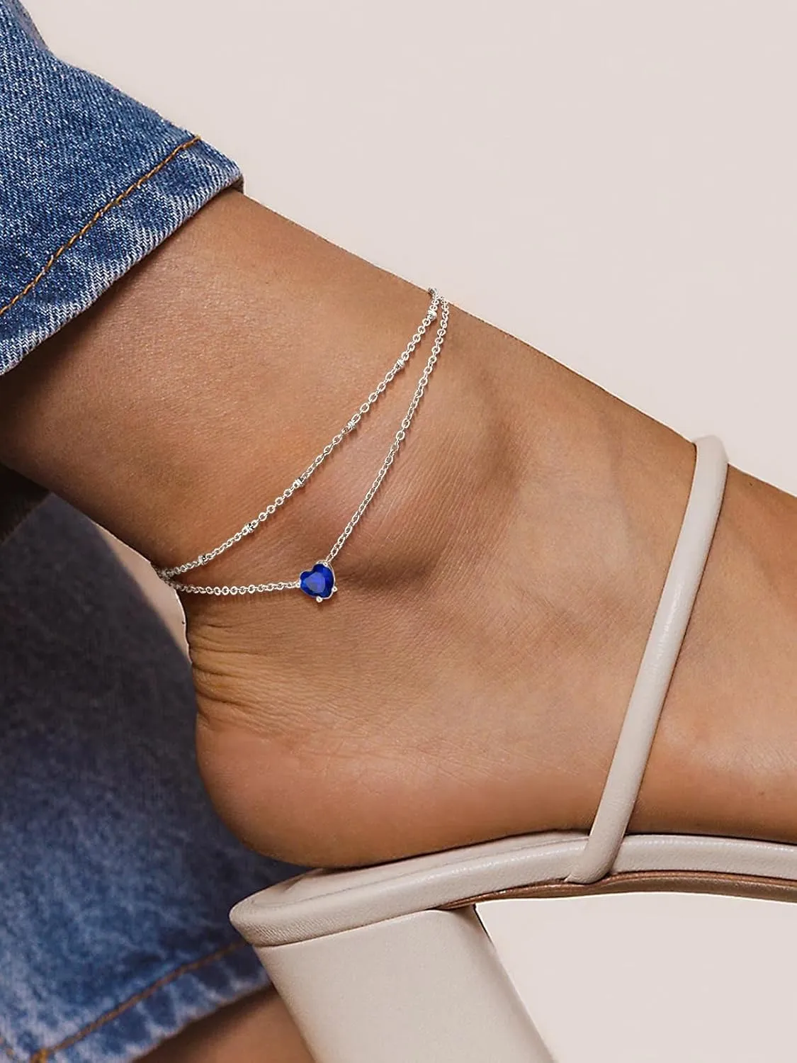 FindChic Bling Heart Birthstone Anklets Layered Beaded Ankle Bracelets for Women Gold/Black/Silver 12 Month Gem Colors Foot Chain Summer Jewelry for Girls, with Gift Box
