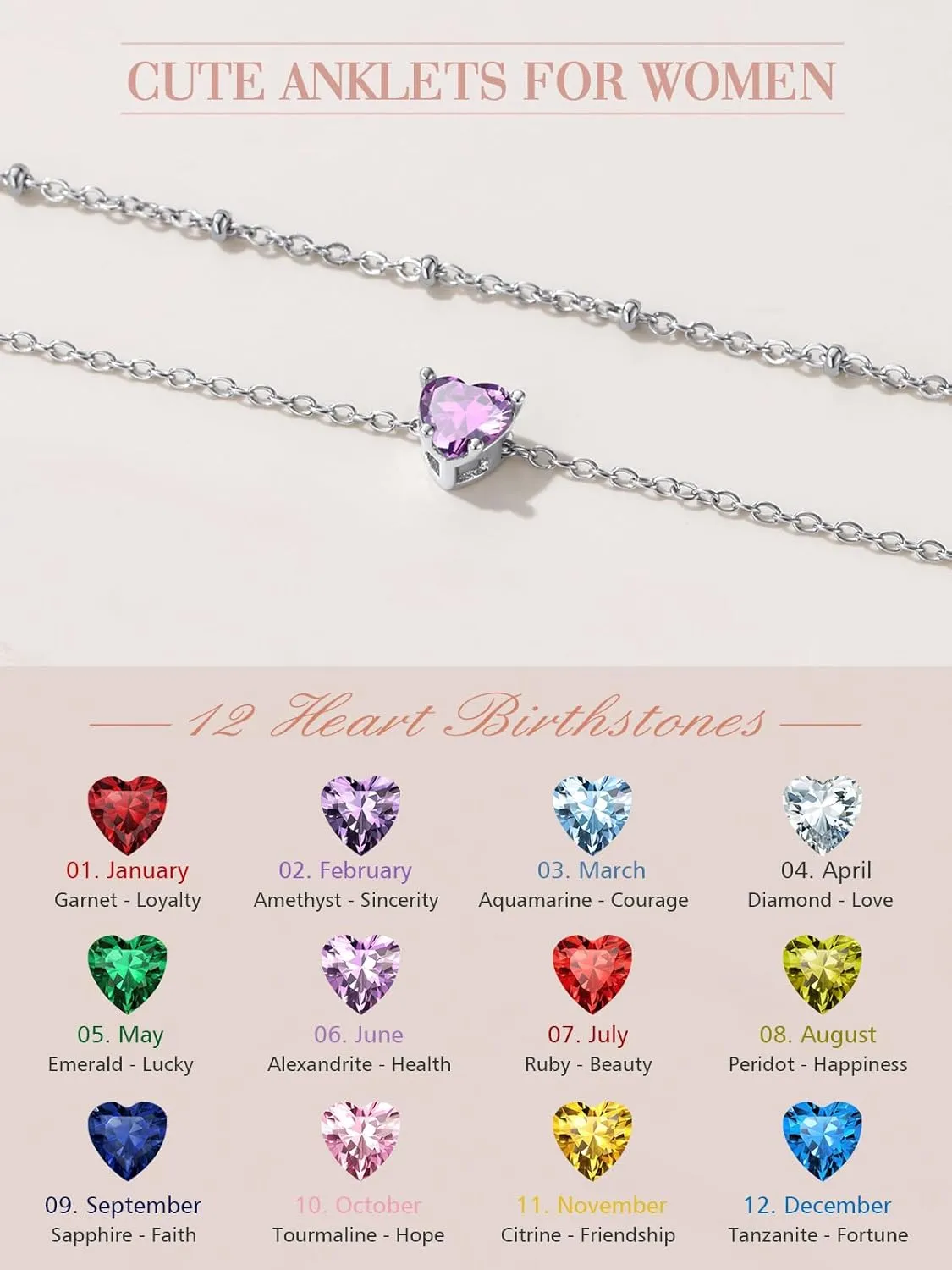 FindChic Bling Heart Birthstone Anklets Layered Beaded Ankle Bracelets for Women Gold/Black/Silver 12 Month Gem Colors Foot Chain Summer Jewelry for Girls, with Gift Box