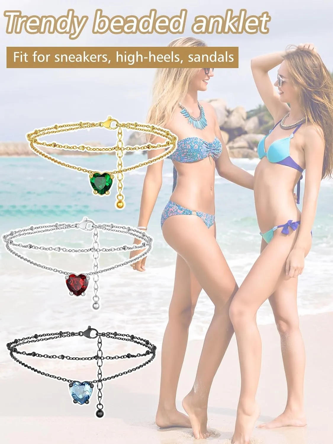 FindChic Bling Heart Birthstone Anklets Layered Beaded Ankle Bracelets for Women Gold/Black/Silver 12 Month Gem Colors Foot Chain Summer Jewelry for Girls, with Gift Box
