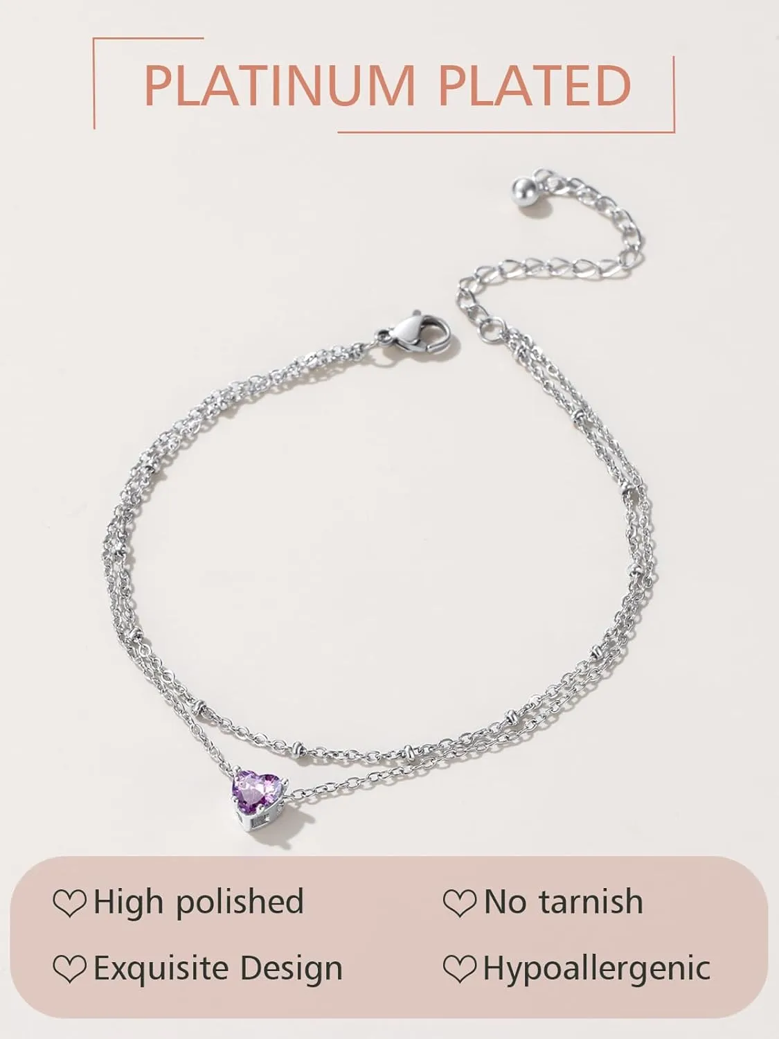 FindChic Bling Heart Birthstone Anklets Layered Beaded Ankle Bracelets for Women Gold/Black/Silver 12 Month Gem Colors Foot Chain Summer Jewelry for Girls, with Gift Box