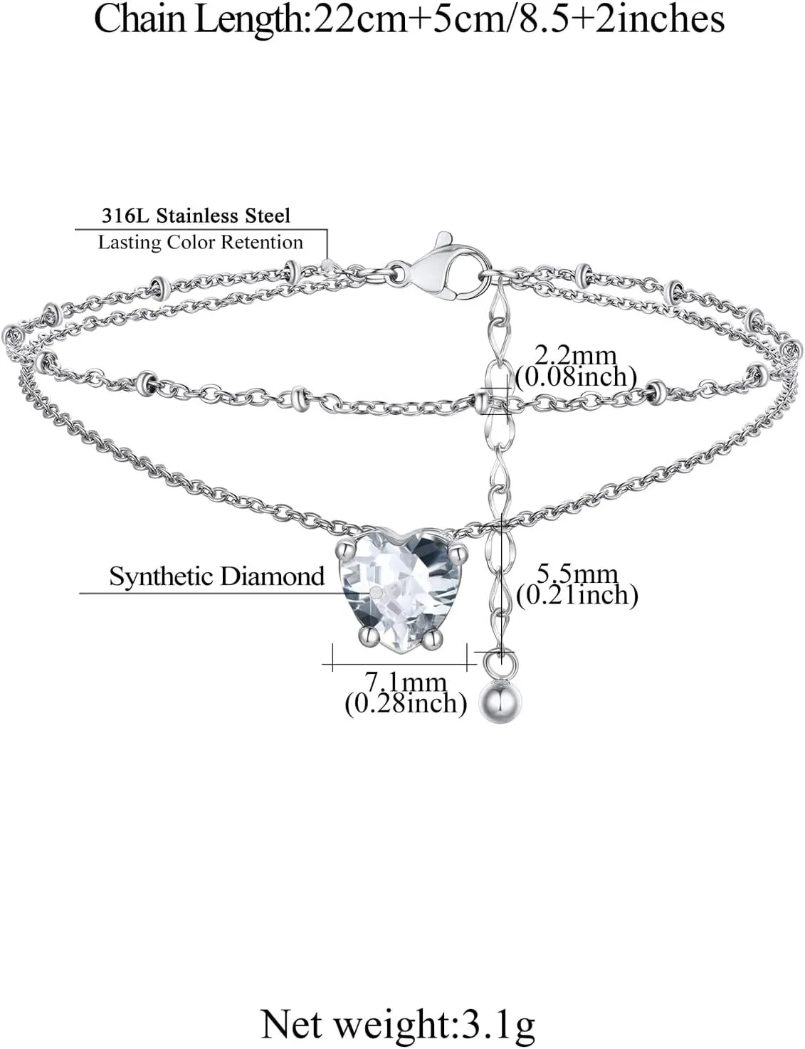 FindChic Bling Heart Birthstone Anklets Layered Beaded Ankle Bracelets for Women Gold/Black/Silver 12 Month Gem Colors Foot Chain Summer Jewelry for Girls, with Gift Box