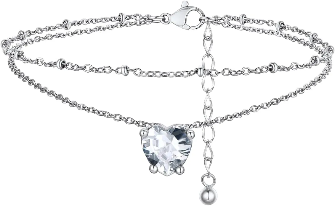 FindChic Bling Heart Birthstone Anklets Layered Beaded Ankle Bracelets for Women Gold/Black/Silver 12 Month Gem Colors Foot Chain Summer Jewelry for Girls, with Gift Box