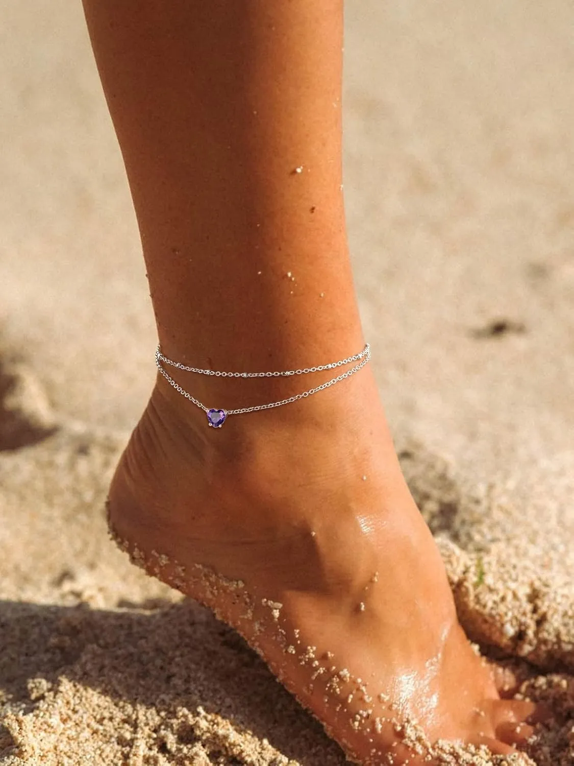 FindChic Bling Heart Birthstone Anklets Layered Beaded Ankle Bracelets for Women Gold/Black/Silver 12 Month Gem Colors Foot Chain Summer Jewelry for Girls, with Gift Box