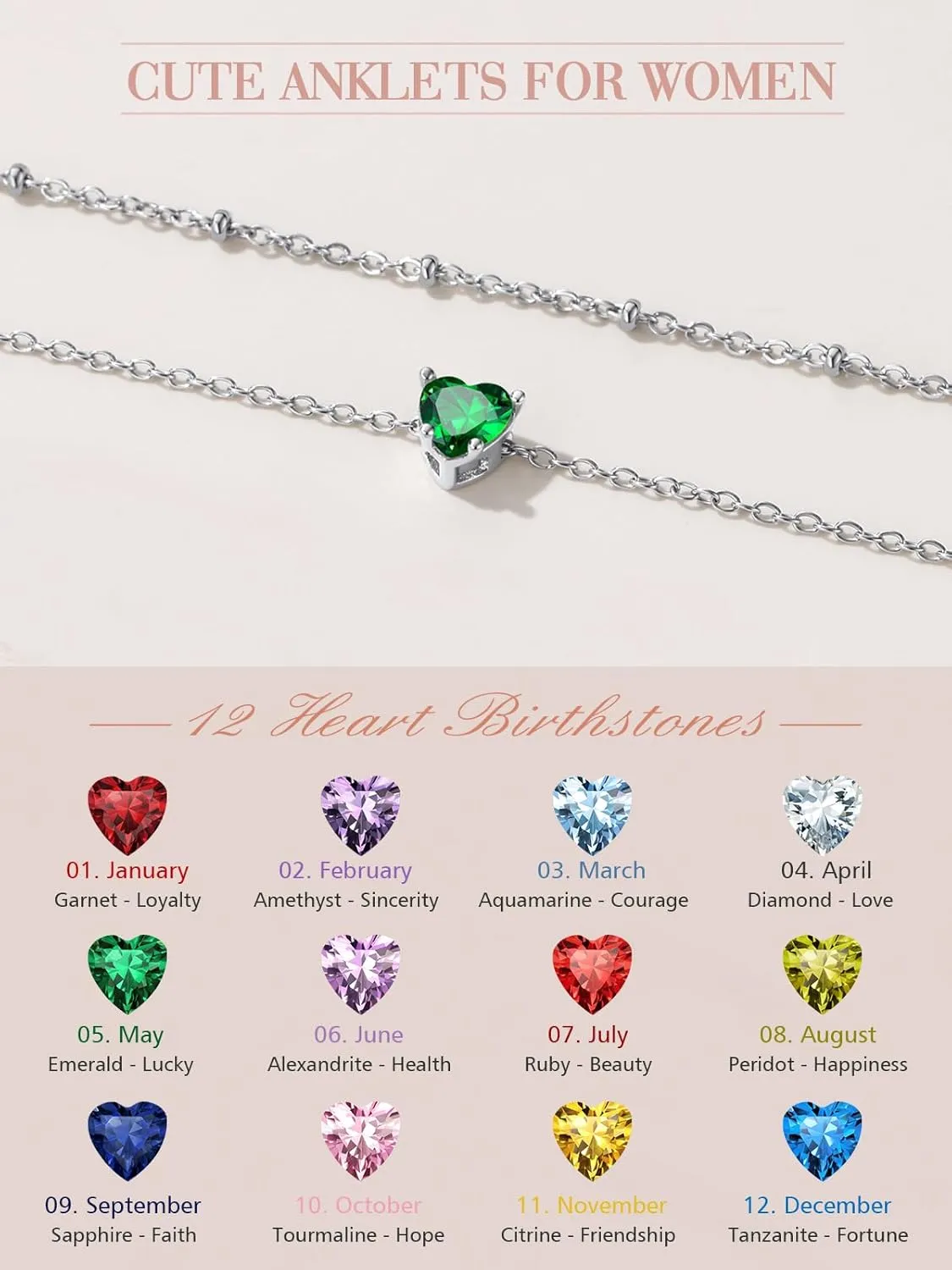 FindChic Bling Heart Birthstone Anklets Layered Beaded Ankle Bracelets for Women Gold/Black/Silver 12 Month Gem Colors Foot Chain Summer Jewelry for Girls, with Gift Box
