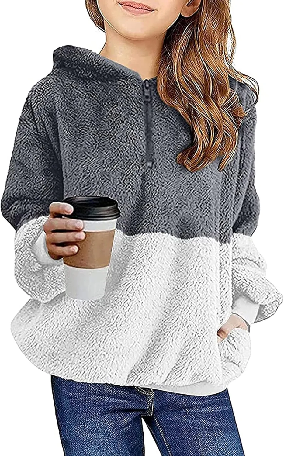 Fleece Hoodies for Girls Trendy Long Sleeve Sherpa Hooded Jacket Comfy Zip Up Winter Coat Warm Outfits for Teen Girls
