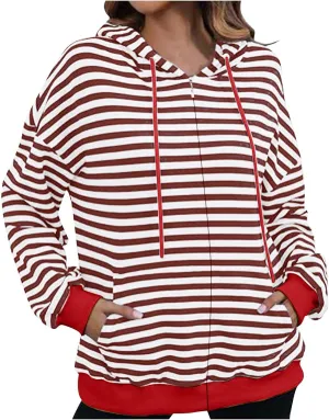 Fleece Jacket Women Color Block Striped Winter Coats Long Sleeve Zip up Jackets Casual Hooded Coat Pockets Outdoor