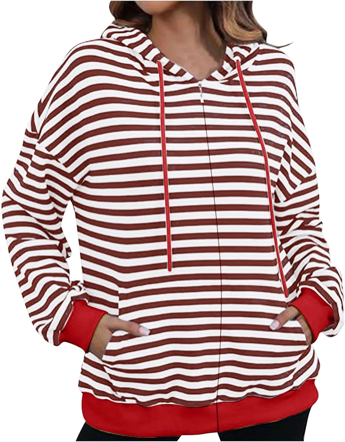 Fleece Jacket Women Color Block Striped Winter Coats Long Sleeve Zip up Jackets Casual Hooded Coat Pockets Outdoor