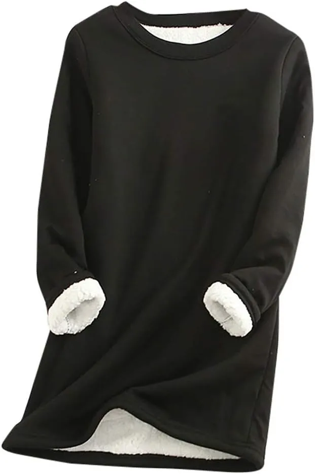 Fleece Lined Sweatshirt Women Winter Warm Sherpa Pullover Casual Crewneck Cute Fleece Pullover Long Sleeve Thermal Top