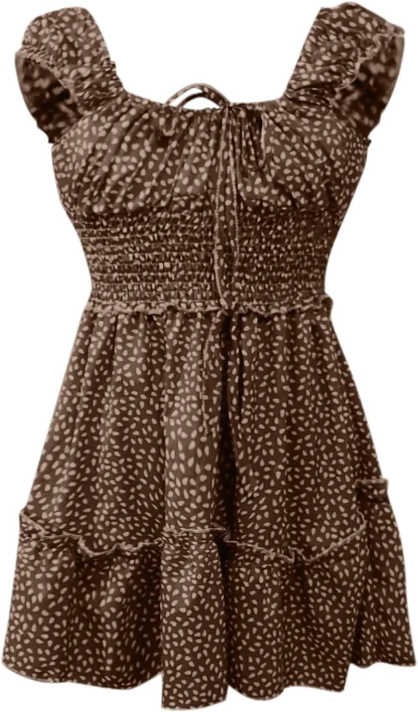 Floral Dress for Women Square Neck Ruffle Cap Sleeve Tie Front Mini Dress A Line Tiered Elastic Waist Summer Dresses