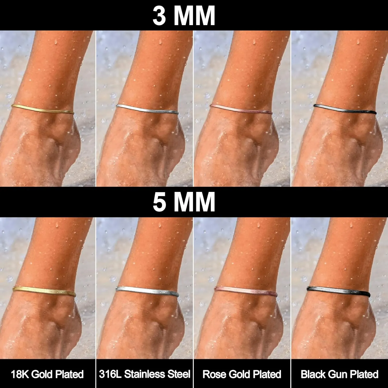 FOCALOOK 14K Gold Plated Anklets for Women Waterproof Plus Size Ankle Bracelet 8.5-10.5 Inch Adjustable Mariner/Figaro/Flat Snake/Cuban Link Chain Anklet Jewelry for Summer Beach Holiday