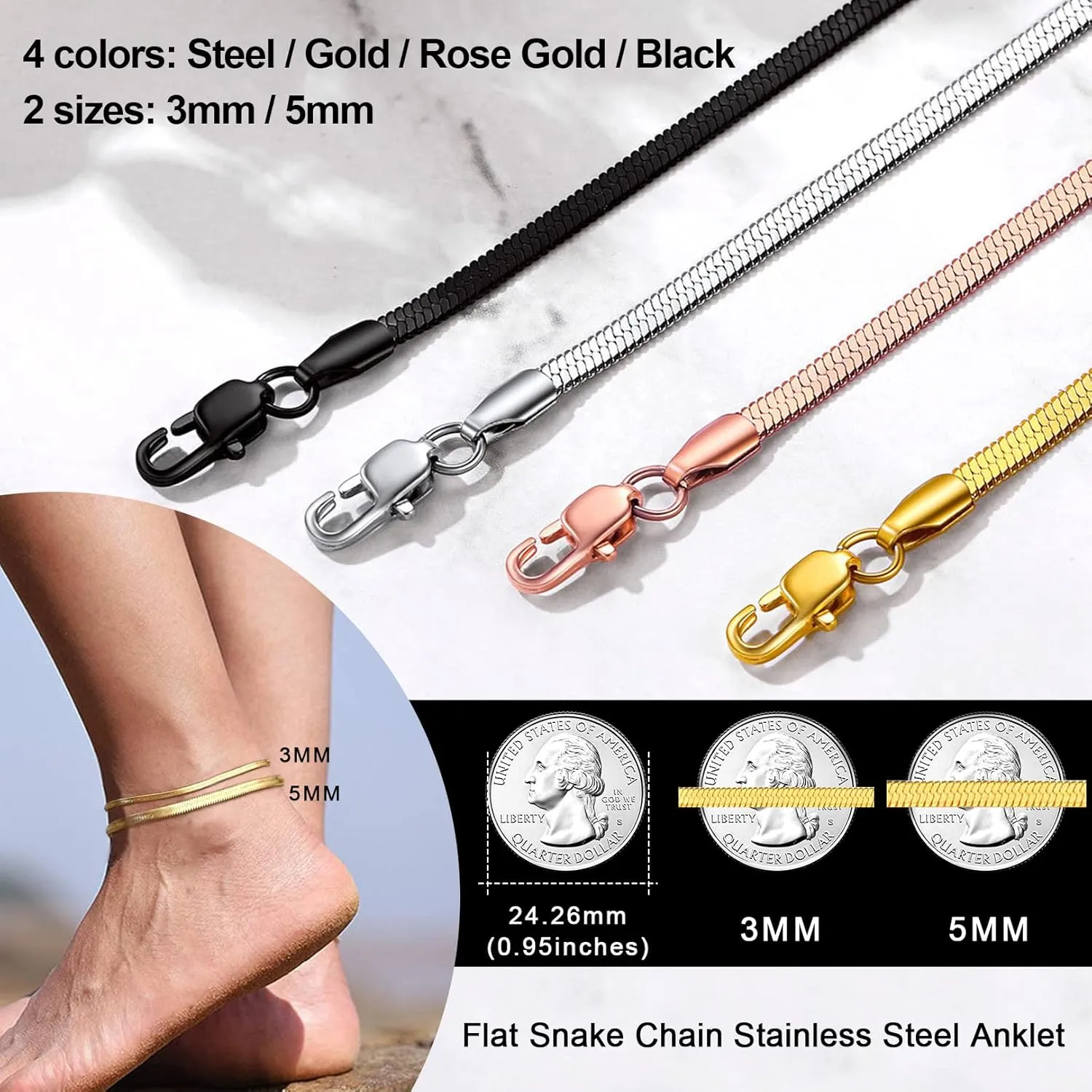 FOCALOOK 14K Gold Plated Anklets for Women Waterproof Plus Size Ankle Bracelet 8.5-10.5 Inch Adjustable Mariner/Figaro/Flat Snake/Cuban Link Chain Anklet Jewelry for Summer Beach Holiday