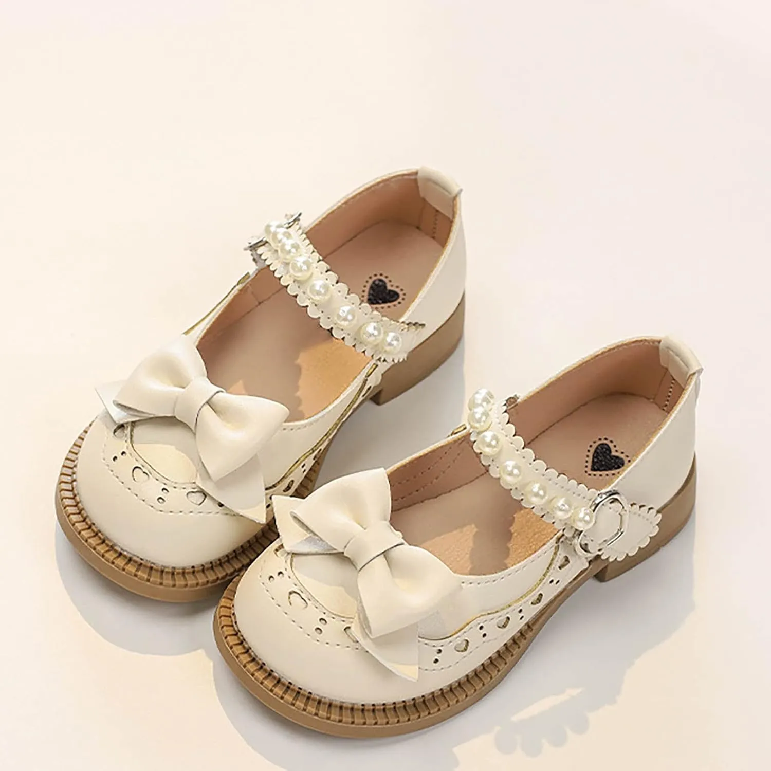 Girls Closed Toe Mary Jane School Uniform Shoes Toddler Flower Girl Dress Shoes Pearls Bow Low Heels Infant Dress Shoes