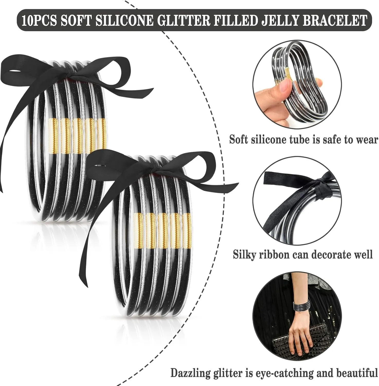 Glitter Jelly Bracelets, Soft Silicone Glitter Filled Jelly Bangles Bracelets Women- Sparkling Fashion Bangles for Women