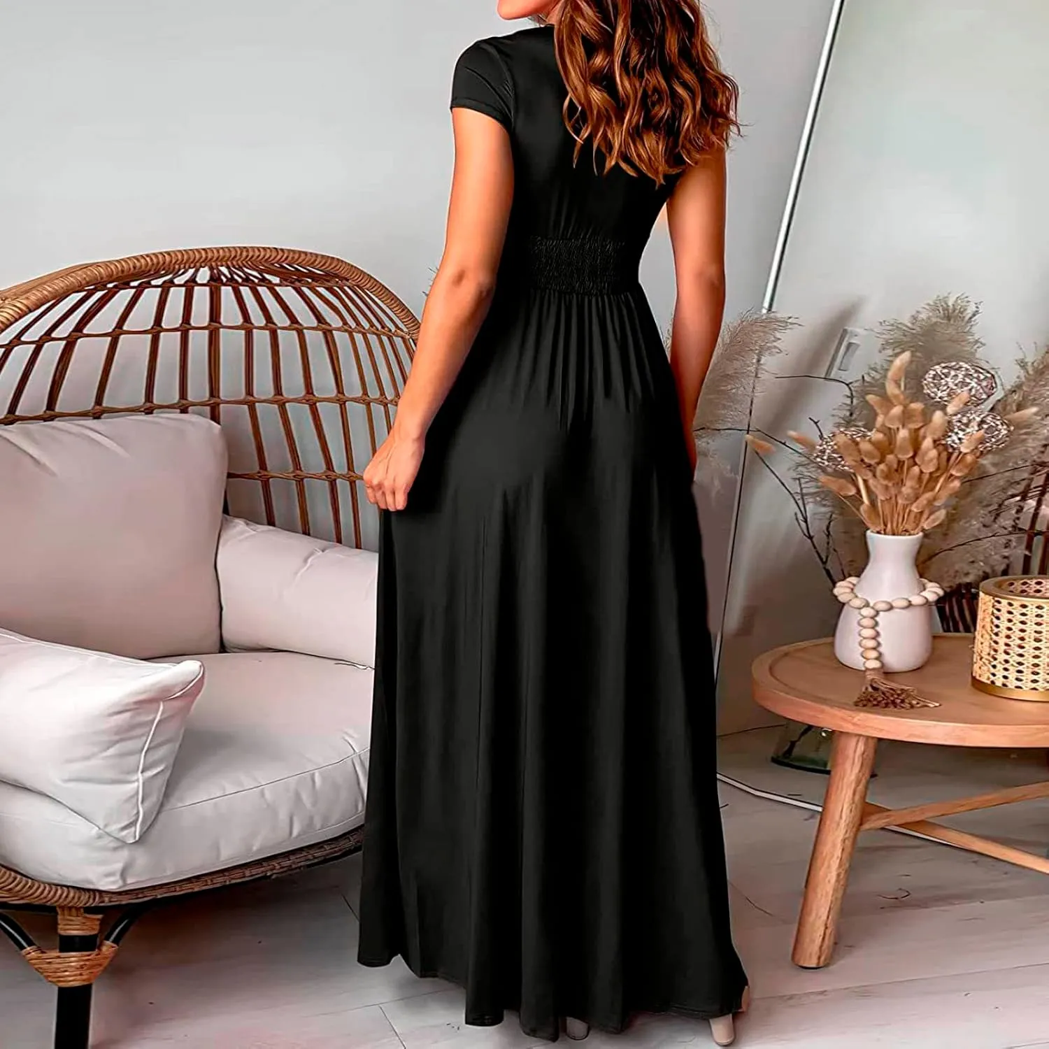 GOKKILRW Wedding Guest Dresses for Women Summer V Neck Ruffle Short Sleeve High Waist Slit Evening Cocktail Party Maxi Dress