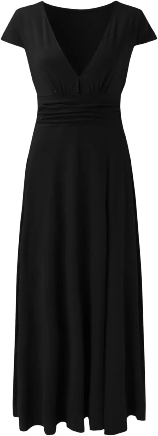 GOKKILRW Wedding Guest Dresses for Women Summer V Neck Ruffle Short Sleeve High Waist Slit Evening Cocktail Party Maxi Dress