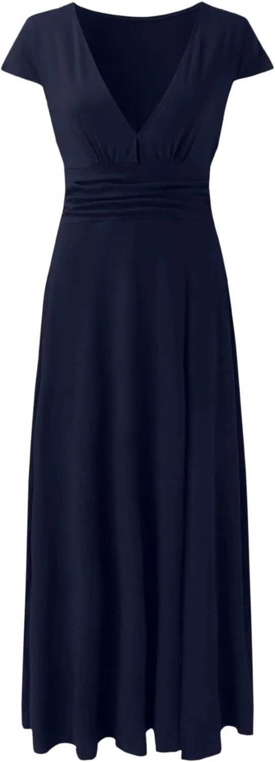 GOKKILRW Wedding Guest Dresses for Women Summer V Neck Ruffle Short Sleeve High Waist Slit Evening Cocktail Party Maxi Dress