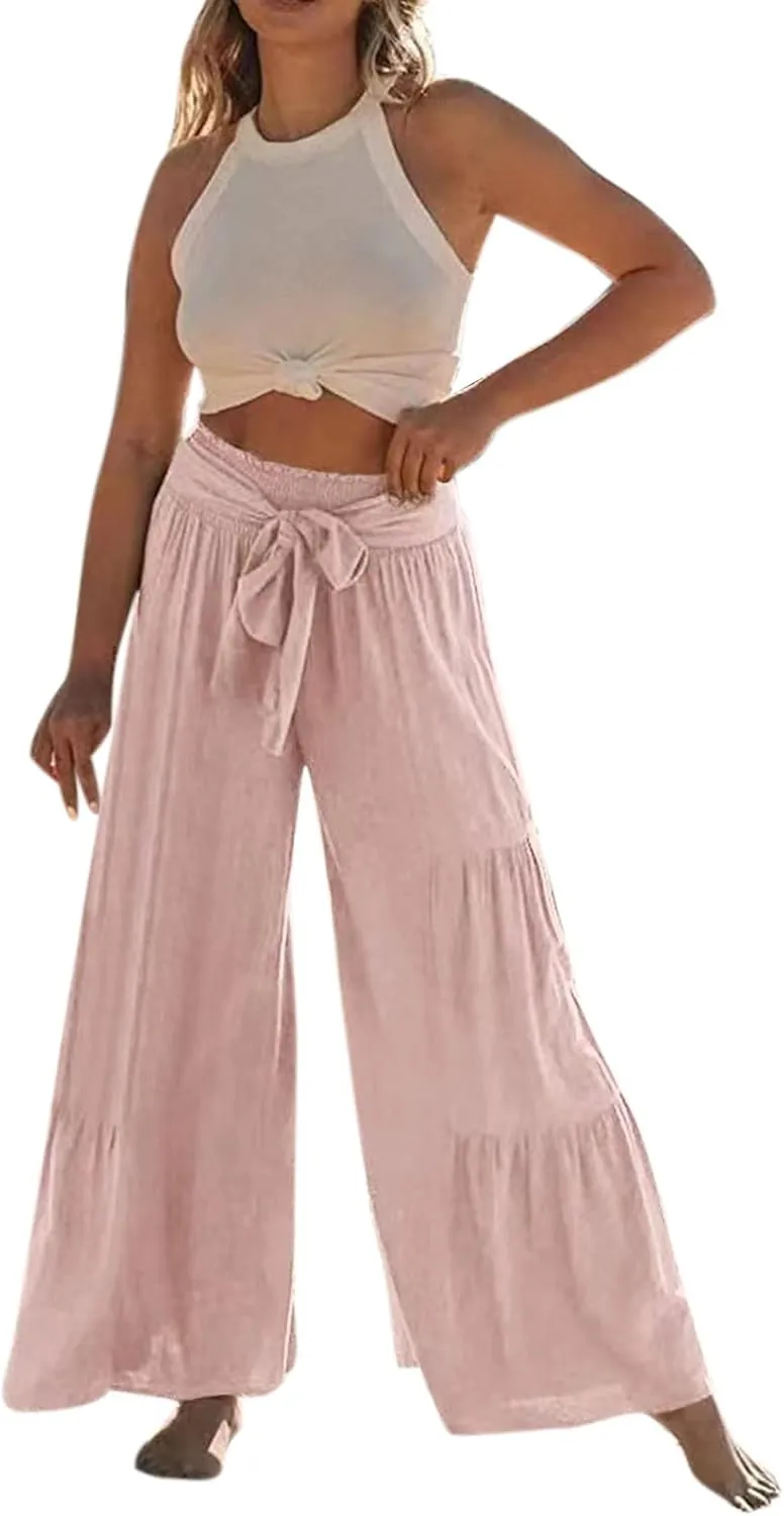 GOKKILRW Womens Wide Leg Palazzo Lounge Pants High Waist Smocked Beach Pants Linen Cotton Casual Tiered Ruffle Hem Trousers