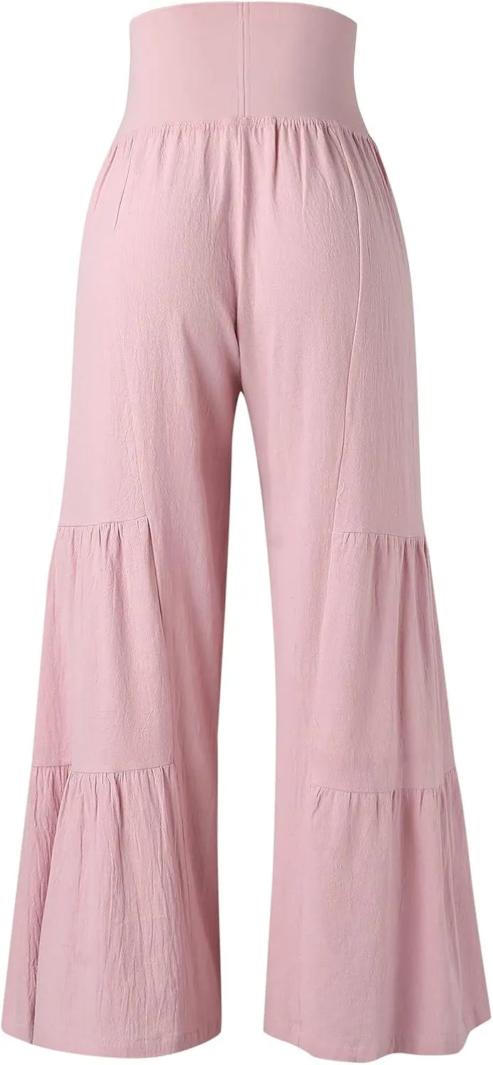 GOKKILRW Womens Wide Leg Palazzo Lounge Pants High Waist Smocked Beach Pants Linen Cotton Casual Tiered Ruffle Hem Trousers