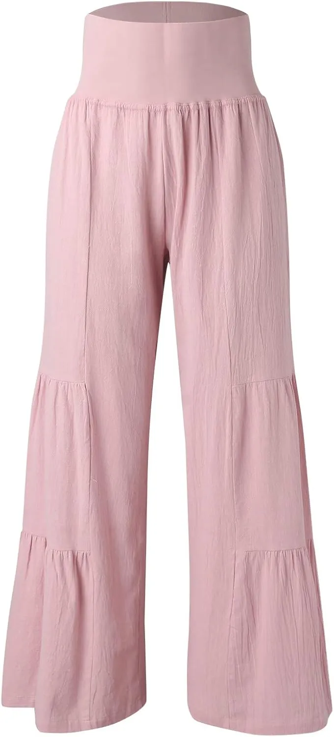 GOKKILRW Womens Wide Leg Palazzo Lounge Pants High Waist Smocked Beach Pants Linen Cotton Casual Tiered Ruffle Hem Trousers