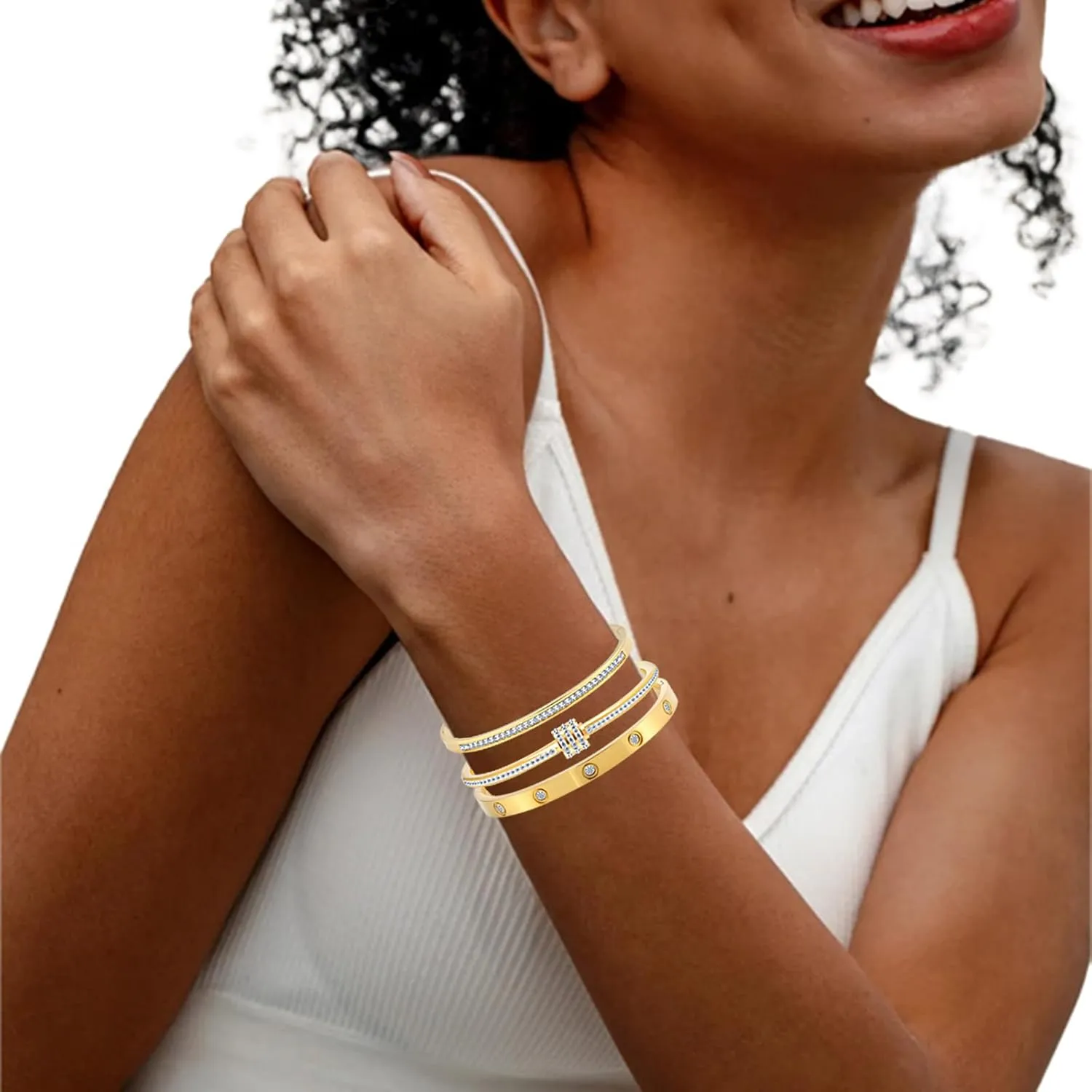 Gold Bracelets for Women - Crystal Stackable Bangles with Friendship & Love Theme - Stainless Steel Jewelry, Ideal Birthday Gift
