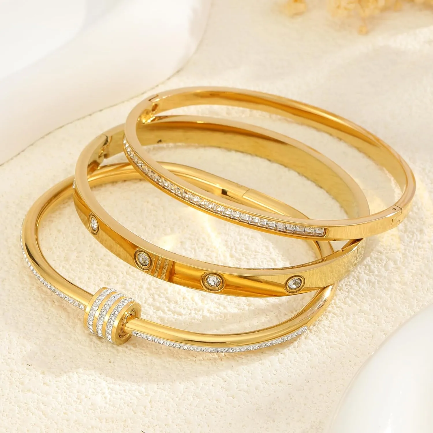 Gold Bracelets for Women - Crystal Stackable Bangles with Friendship & Love Theme - Stainless Steel Jewelry, Ideal Birthday Gift