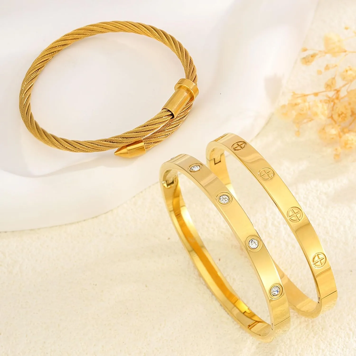Gold Bracelets for Women - Crystal Stackable Bangles with Friendship & Love Theme - Stainless Steel Jewelry, Ideal Birthday Gift