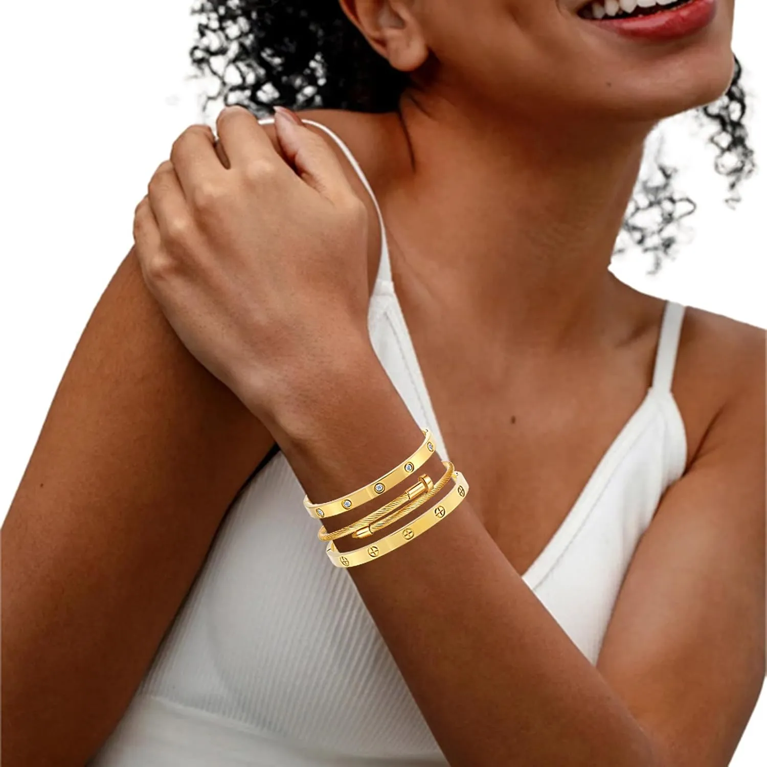 Gold Bracelets for Women - Crystal Stackable Bangles with Friendship & Love Theme - Stainless Steel Jewelry, Ideal Birthday Gift