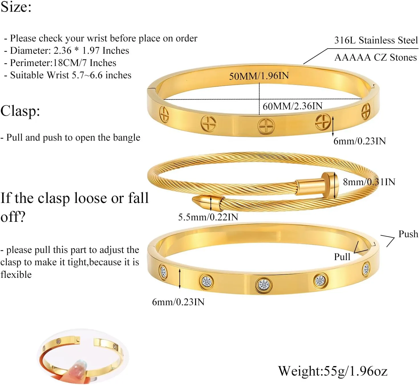 Gold Bracelets for Women - Crystal Stackable Bangles with Friendship & Love Theme - Stainless Steel Jewelry, Ideal Birthday Gift