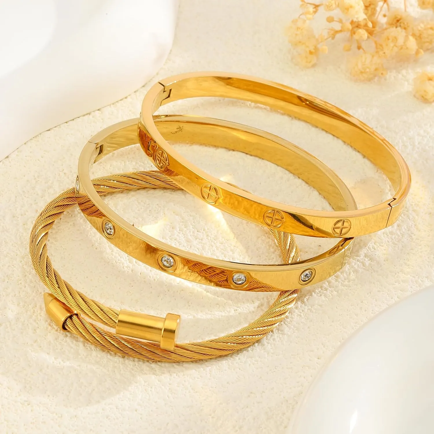 Gold Bracelets for Women - Crystal Stackable Bangles with Friendship & Love Theme - Stainless Steel Jewelry, Ideal Birthday Gift