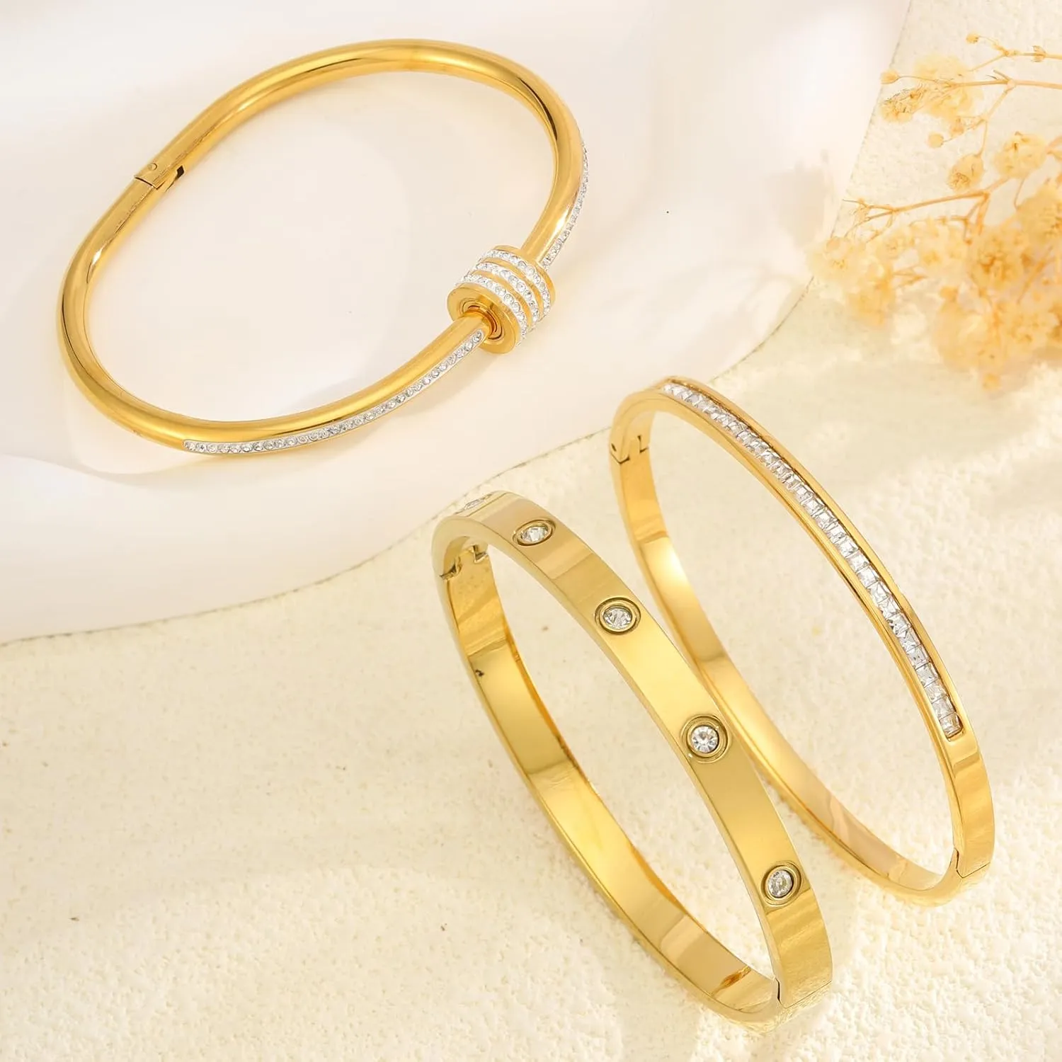 Gold Bracelets for Women - Crystal Stackable Bangles with Friendship & Love Theme - Stainless Steel Jewelry, Ideal Birthday Gift