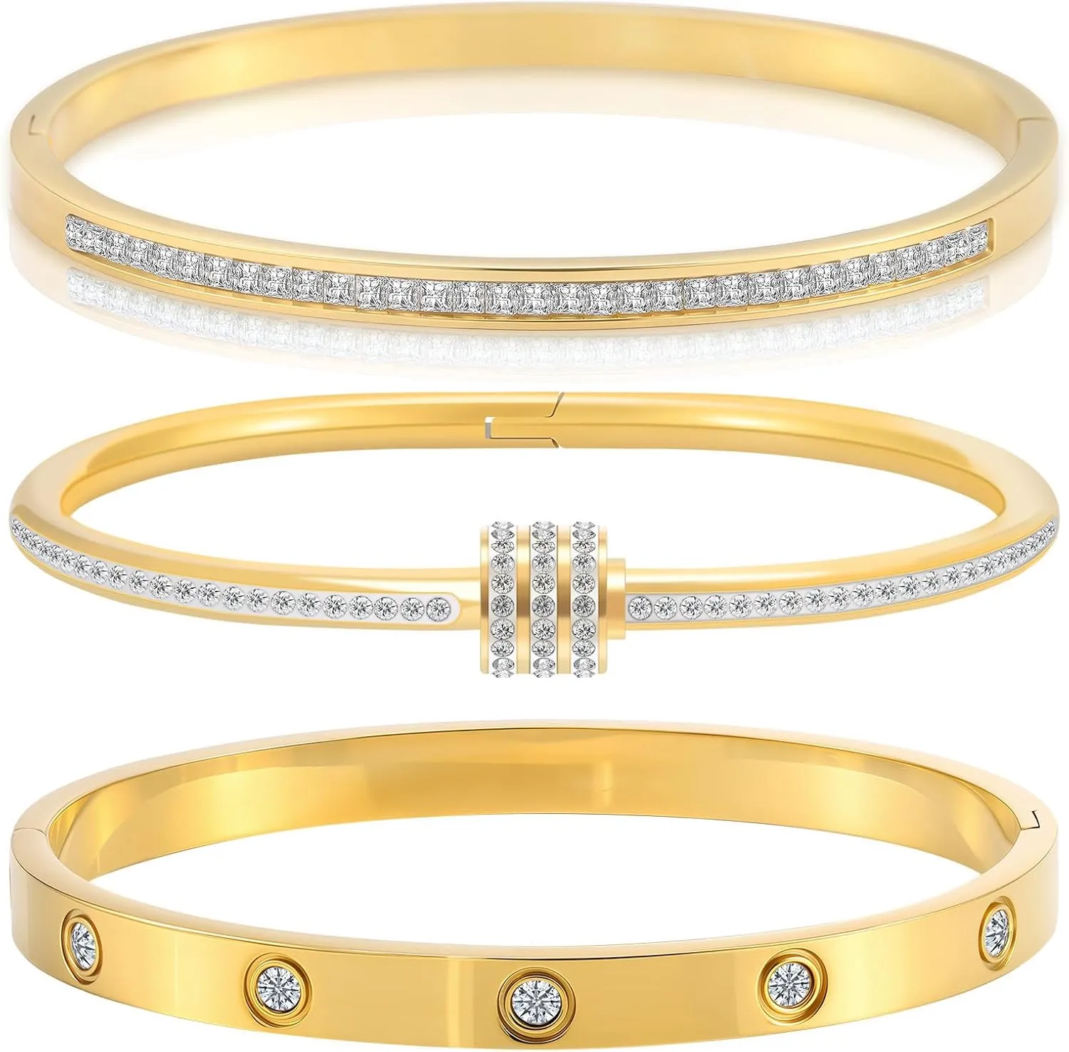 Gold Bracelets for Women - Crystal Stackable Bangles with Friendship & Love Theme - Stainless Steel Jewelry, Ideal Birthday Gift
