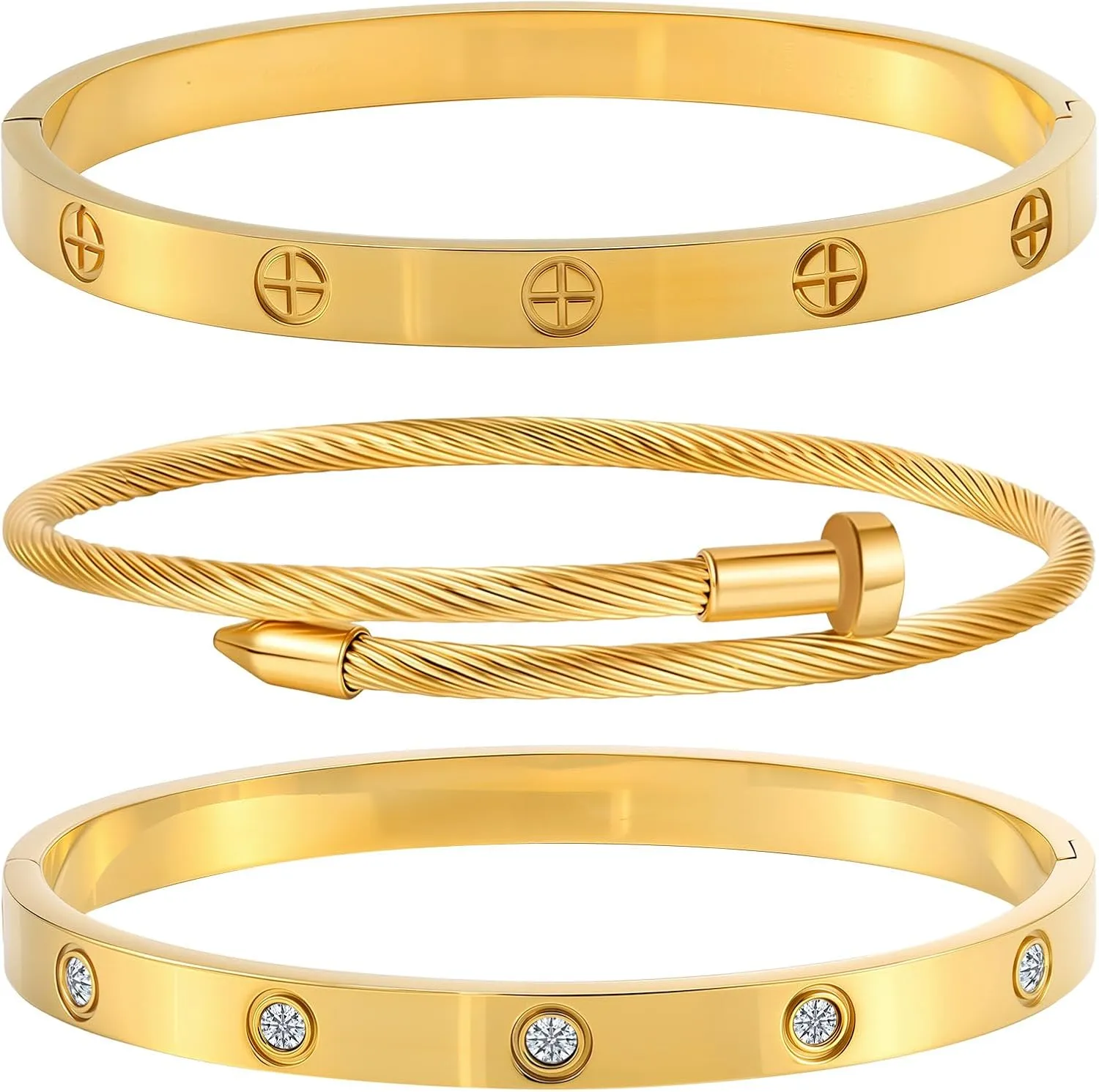 Gold Bracelets for Women - Crystal Stackable Bangles with Friendship & Love Theme - Stainless Steel Jewelry, Ideal Birthday Gift