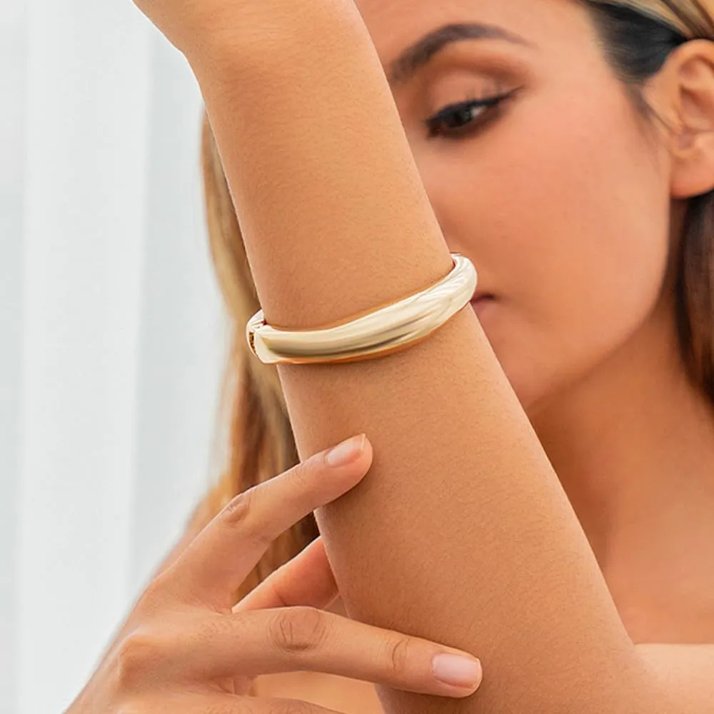 Gold Cuff Bangle Bracelets Set For Women Chunky Trendy Silver Bracelet Irregular Minimalist Open Wide Bangles Hinged Arm Cuff Jewelry Gift 2PC