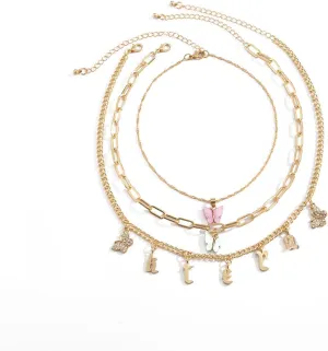 Gold Layered Necklaces for Women, Layered Necklaces for Women Butterfly Letter Pendant Chain Necklaces Jewelry Gifts for Birthday Wedding, 3 Pieces, Gold, 40CM
