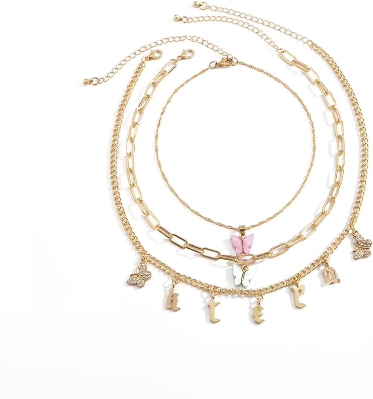 Gold Layered Necklaces for Women, Layered Necklaces for Women Butterfly Letter Pendant Chain Necklaces Jewelry Gifts for Birthday Wedding, 3 Pieces, Gold, 40CM