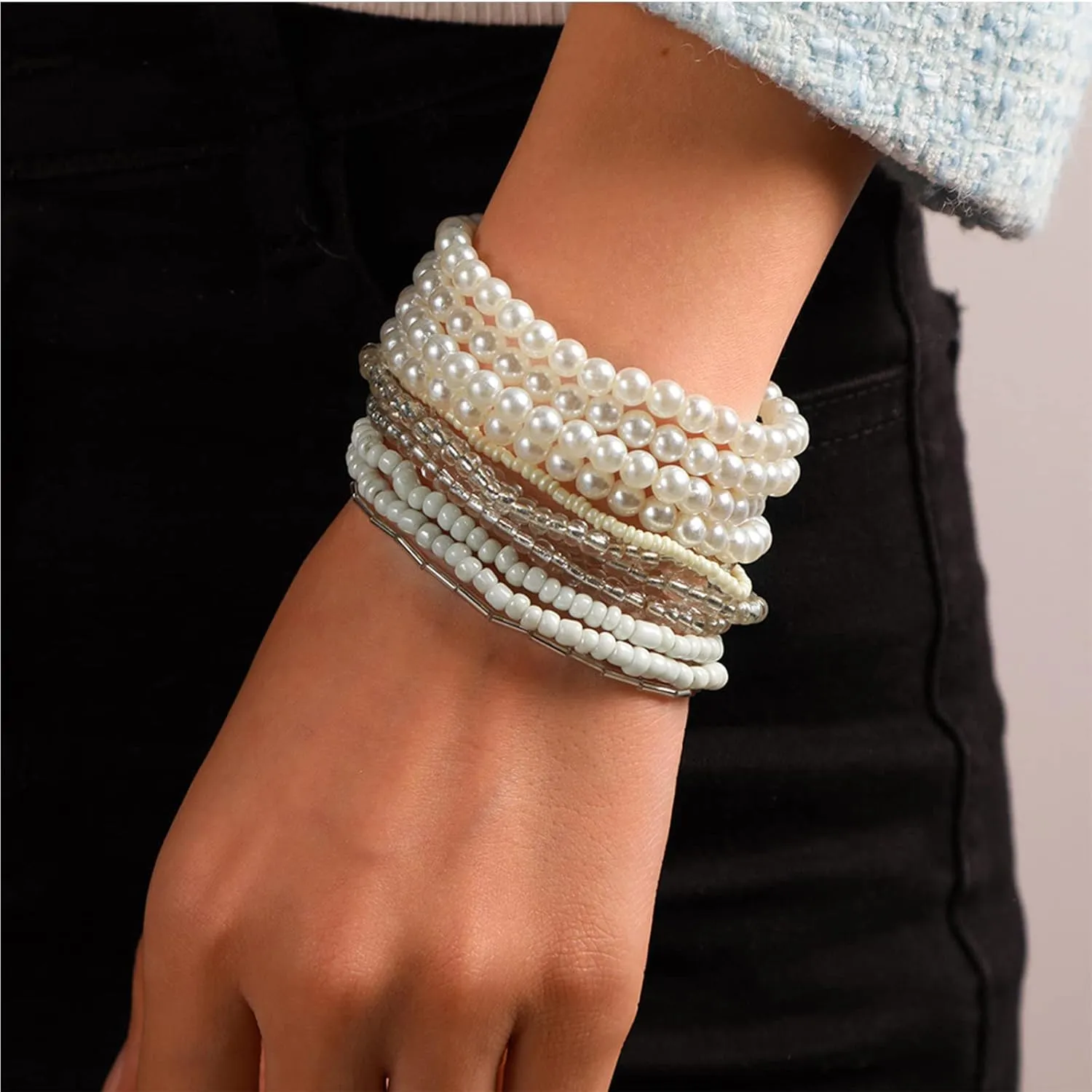 Handmade Multicolor Bohemian Crystal Beaded Bracelets Set Multilayer Stackable Boho Charms Stretch Layered Bead Adjustable Bangles Strand Jewelry for Women