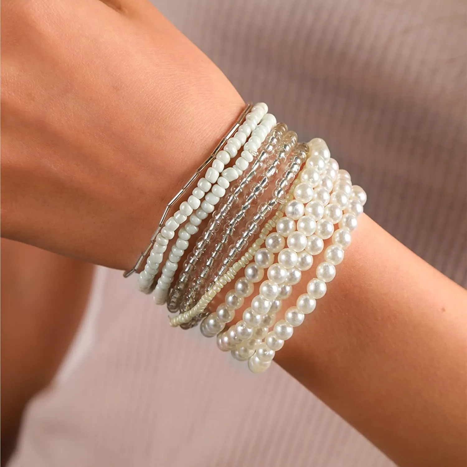 Handmade Multicolor Bohemian Crystal Beaded Bracelets Set Multilayer Stackable Boho Charms Stretch Layered Bead Adjustable Bangles Strand Jewelry for Women