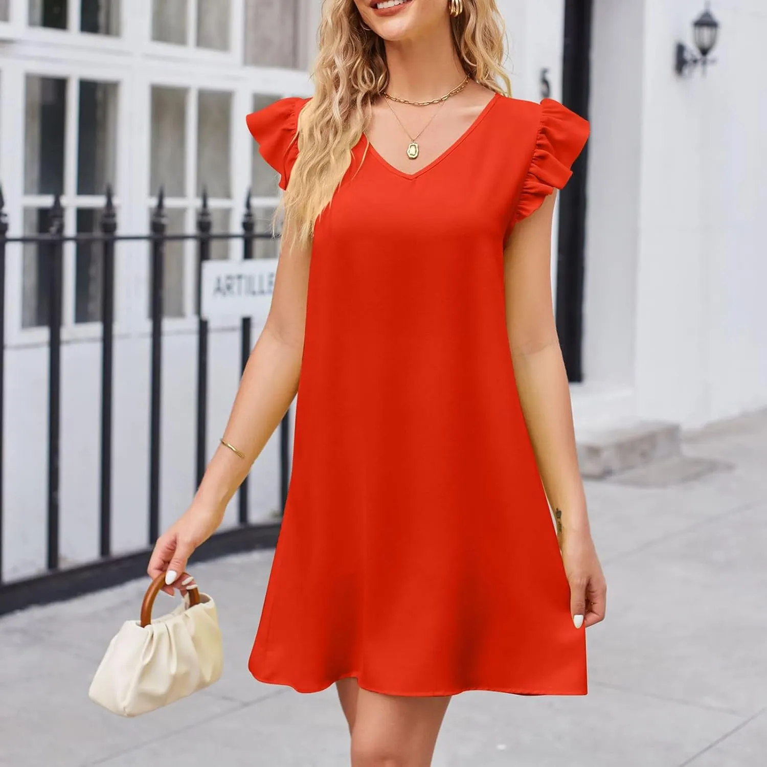 hlysgo Women Dress Trendy Summer Frill Sleeve V Neck Mini Dress Casual Loose Fit Knee Length Going Out Dresses for Teen Girl
