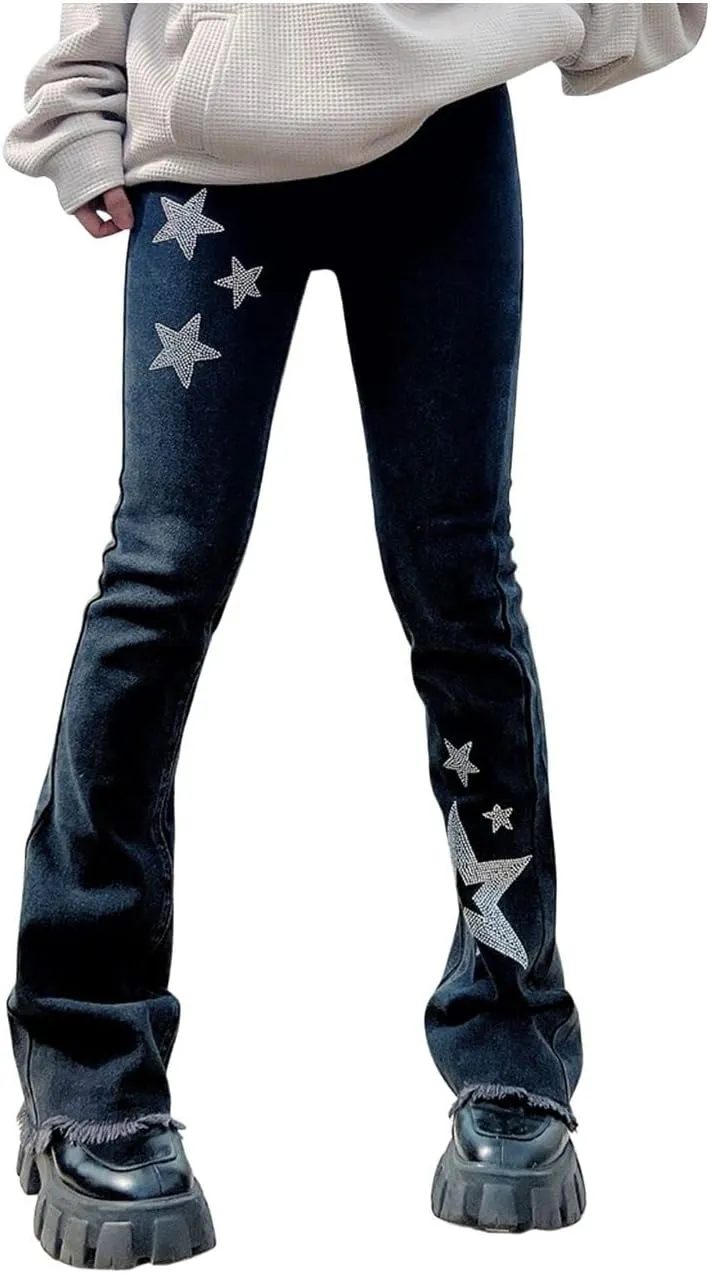 Hopecn Women's Y2K Flare Jeans Star Rhinestone Bell Bottom Pants Vintage Aesthetic Streetwear Y2K Fashion
