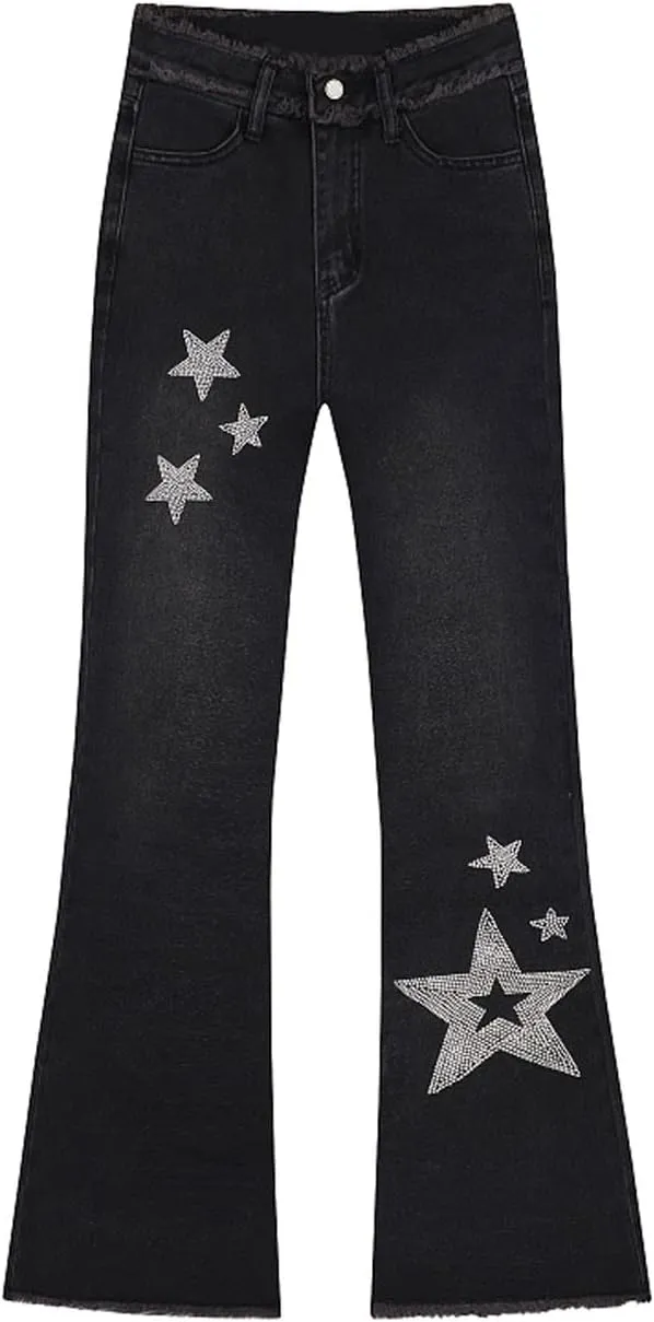 Hopecn Women's Y2K Flare Jeans Star Rhinestone Bell Bottom Pants Vintage Aesthetic Streetwear Y2K Fashion