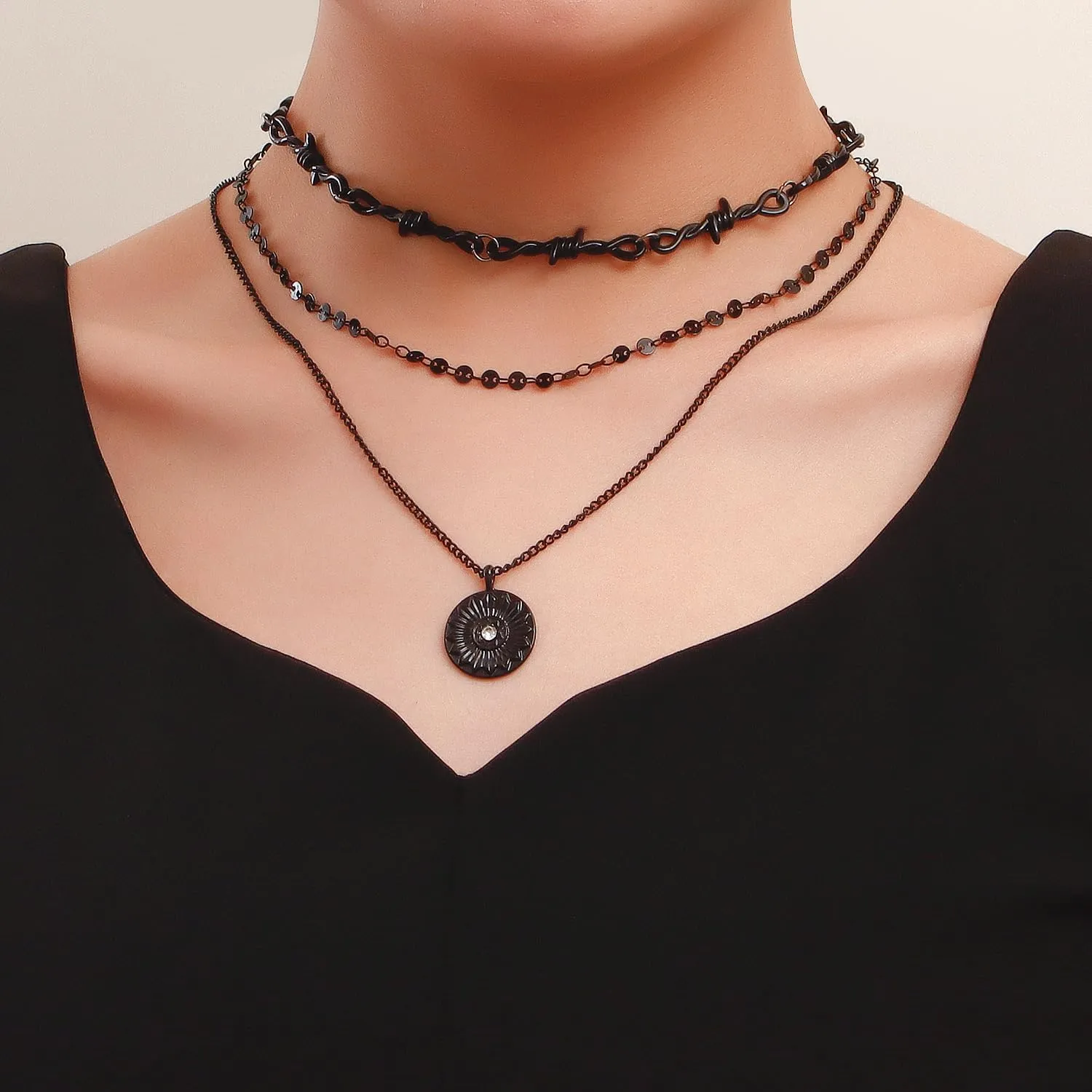 INENIMARTJ Gothic Layered Necklace for Women Black Layered Choker Necklaces Retro Gothic Necklaces Punk Black Heart Cross Circle Coin Pendant Necklaces Black Halloween Jewelry