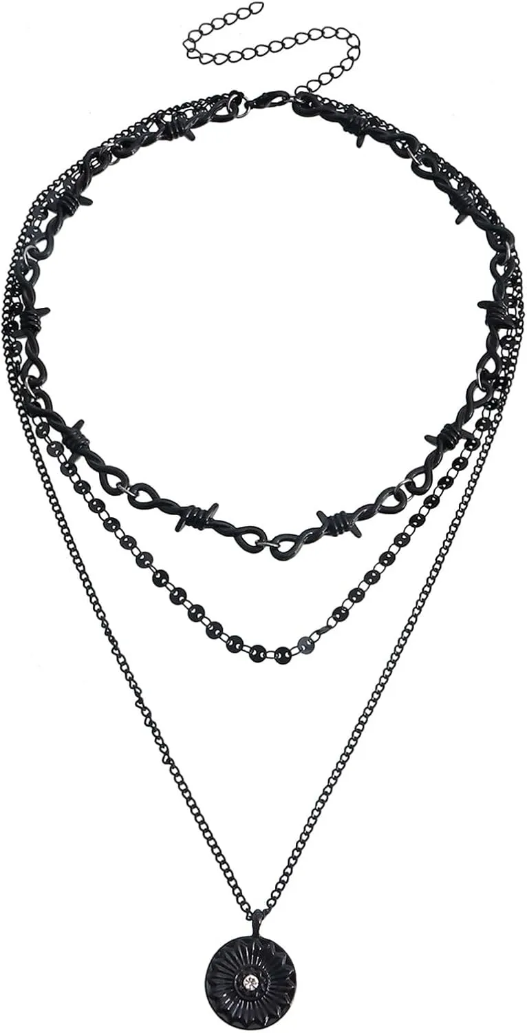 INENIMARTJ Gothic Layered Necklace for Women Black Layered Choker Necklaces Retro Gothic Necklaces Punk Black Heart Cross Circle Coin Pendant Necklaces Black Halloween Jewelry