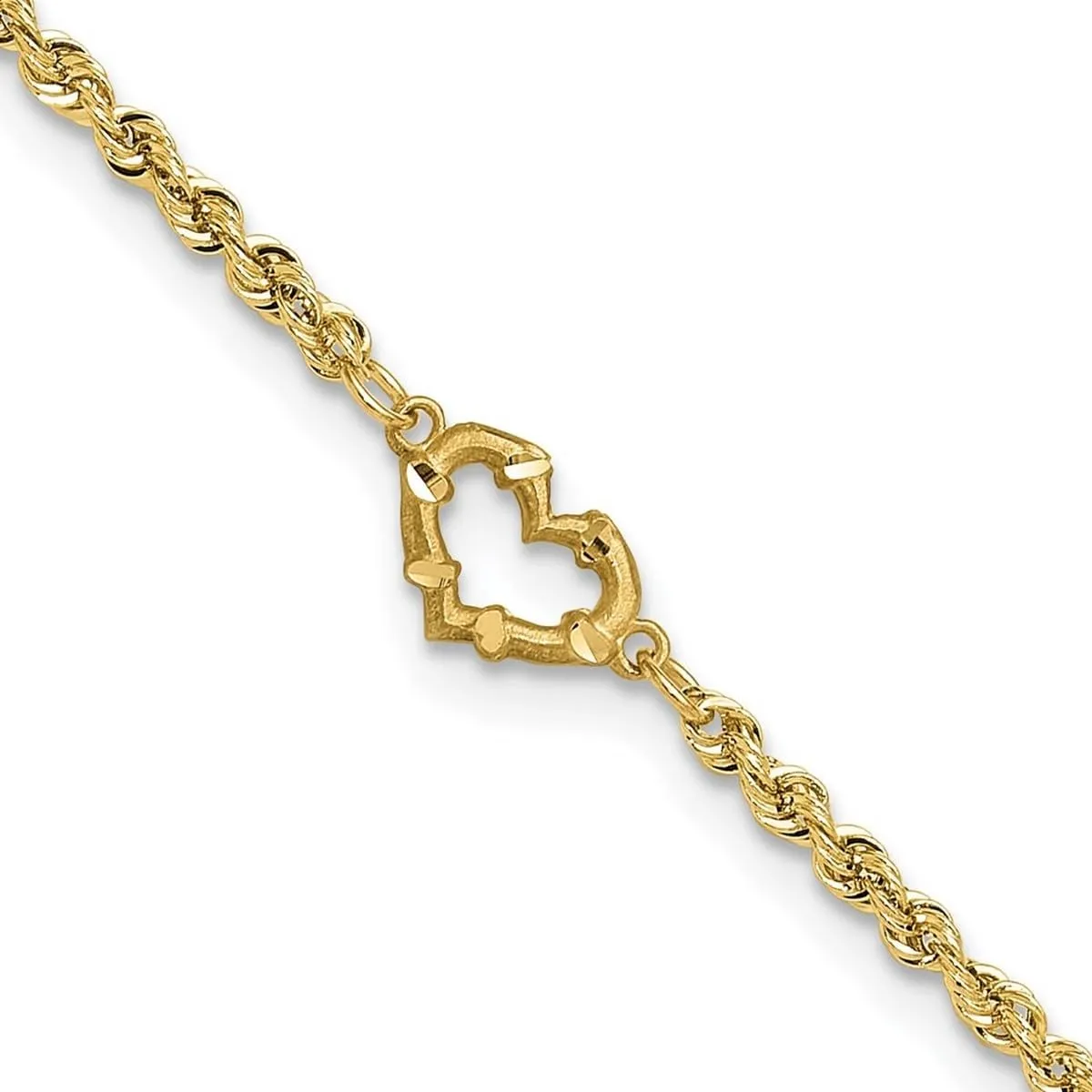 JewelryWeb 10k Solid Yellow Gold Sparkle Cut Open Love Heart Rope Anklet 10mm Wide-Anklet for Women