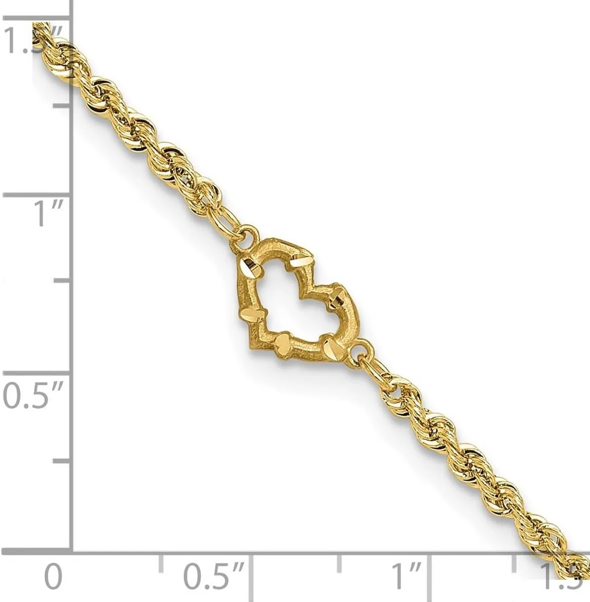 JewelryWeb 10k Solid Yellow Gold Sparkle Cut Open Love Heart Rope Anklet 10mm Wide-Anklet for Women